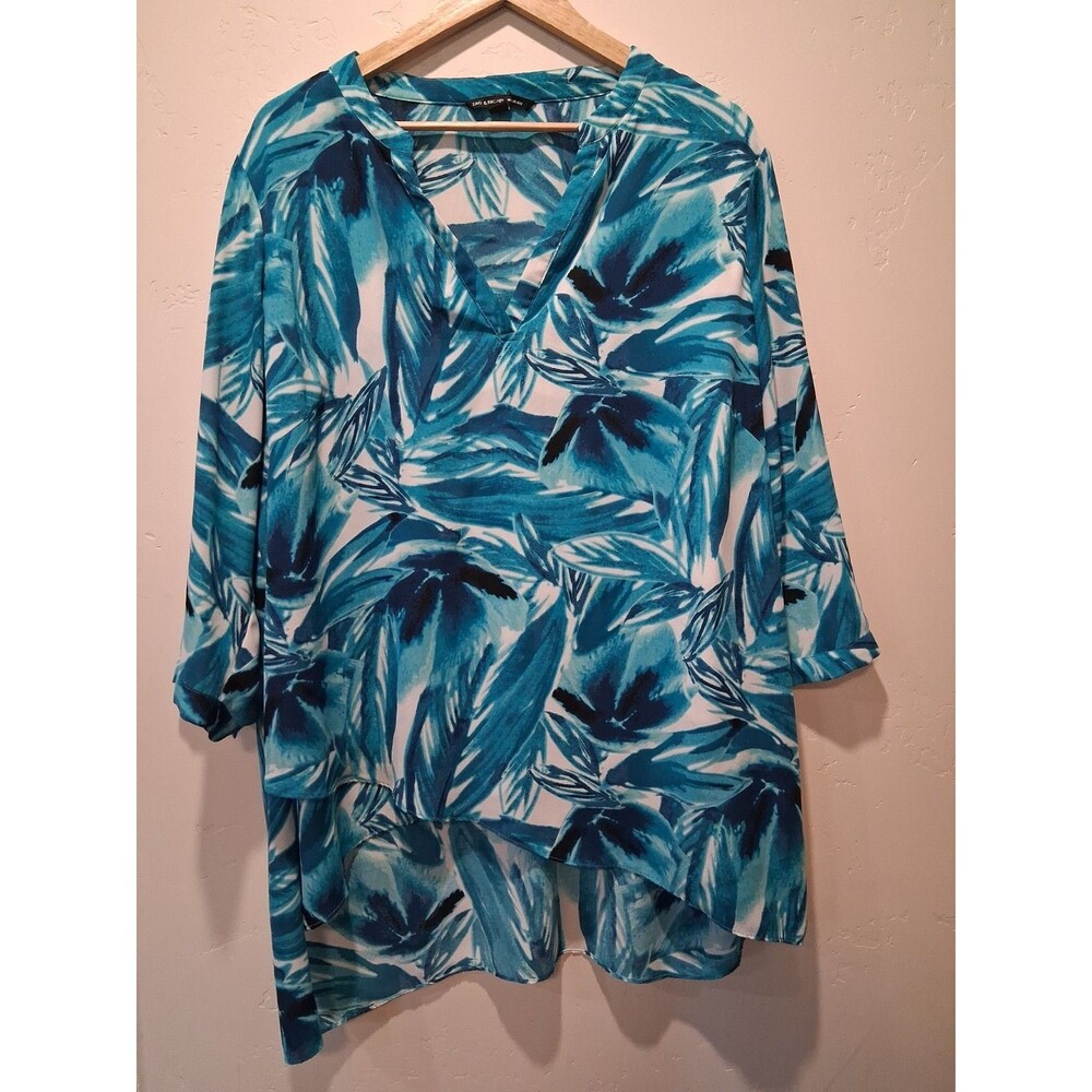 Zac & Rachel Blouse 2X Blue Hues Floral Abstract Roll Tab Sleeve Tunic Top Art